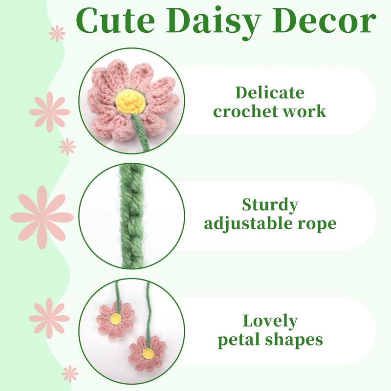 ecocstm 2 PCS Crochet Daisy Car Accessories for Women, Car Rearview Mirror Hanging Accessories, Handmade Cute Cars Accessory for Women Aesthetic, Girly Pink Crochet Flowers Cars Decor (Pink) - Image 4